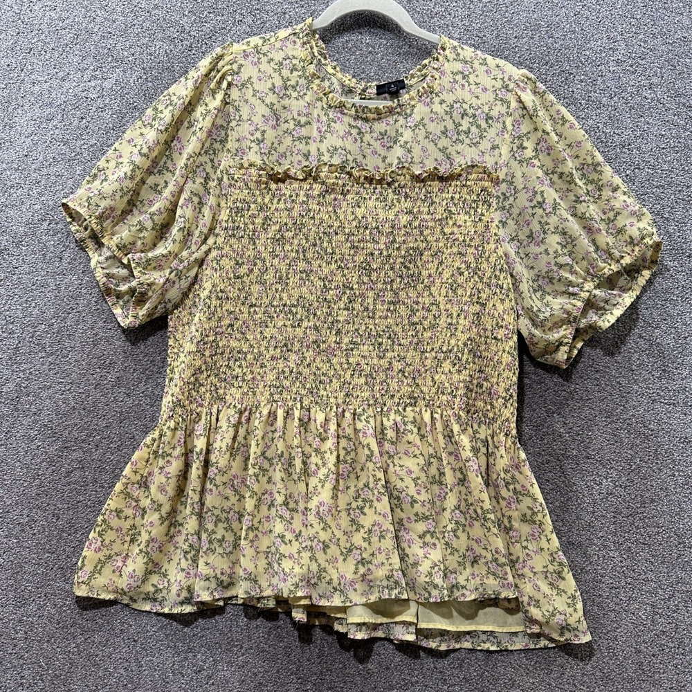 Torrid Chiffon Ruffle Smocked Peplum Blouse Top 4X Yellow Floral Cottagecore
